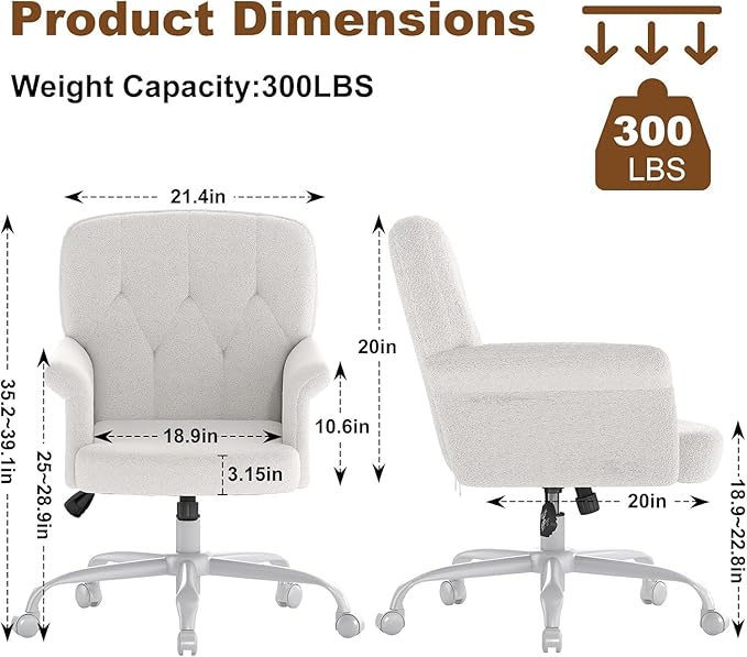 Comfy Home Office Desk Chair, Upholstered Fuzzy Vanity Chair with Wheels and Arms, Modern Adjustable Swivel Computer Seat for Make Up, Home Office, Living Room, Bedroom, Teddy Fleece, White