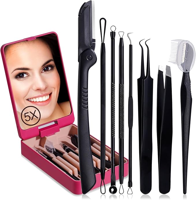 JPNK Blackhead Remover Tool Comedones Extractor Acne Removal kit & Eyebrow Trimmer Kit, 8PCS in One with 5X Magnifying Mirror (Black)