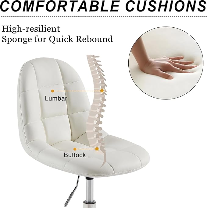 VECELO Stylish Height Adjustable Faux Leather Vanity Chair, Modern Swivel Makeup Chair with Rolling Wheels, Comfortable Padded Task Chair for Bedroom, Dressing Room & Home Office – White