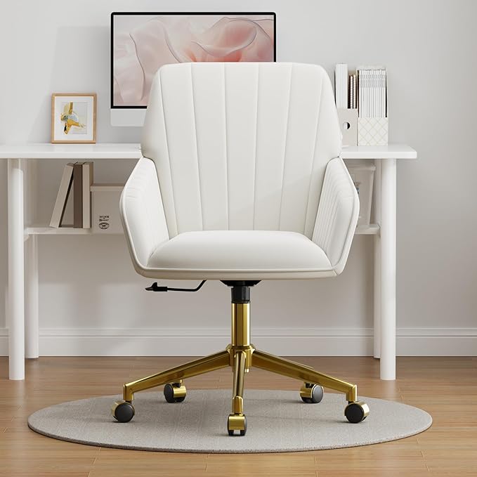 YISHENG Velvet Home Office Chair with Gold Base Upholstered Tufted Modern Height Adjustable 360 Degree Swivel Desk Chair with Wheels, Vanity Chairs for Living Room, Bedroom,Study Room (Cream)