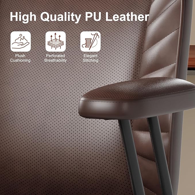 BFZ Home Office Desk Chair, Adjustable Comfy Desk Chair with Wheels, Comfortable Ergonomic Office Chair, Criss Cross Office Desk Chair with Back for Vanity,Home Office or Workspace, Dark Brown Leather