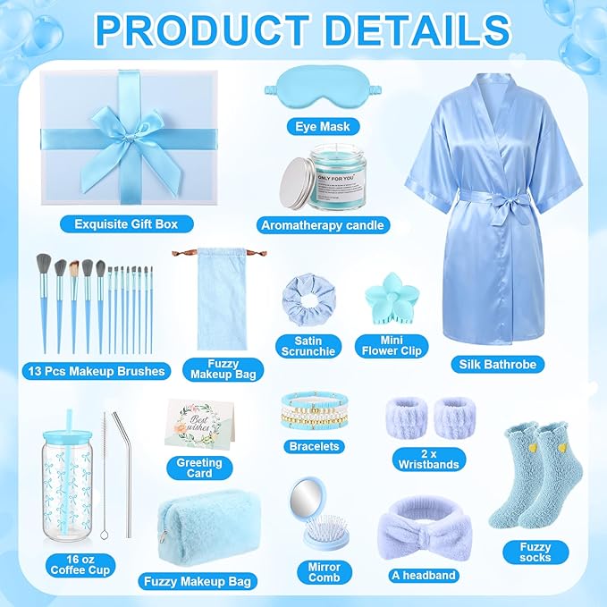 15 Pcs Birthday Gifts for Women Robe Sets for Women Spa Basket Set Graduation Gifts Bath Robe Make up Brushes Scented Candle Fluffy Socks Coffee Cup for Mom Nurse Girlfriend Wife (Blue)