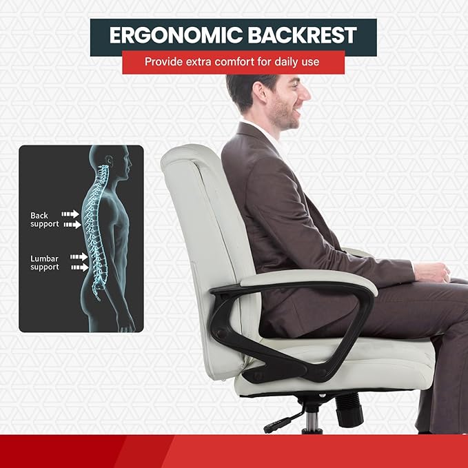 Home Office Chair Ergonomic Desk Chair PU Leather Task Chair Executive Rolling Swivel Mid Back Computer Chair with Lumbar Support Armrest Adjustable Chair for Men (White)