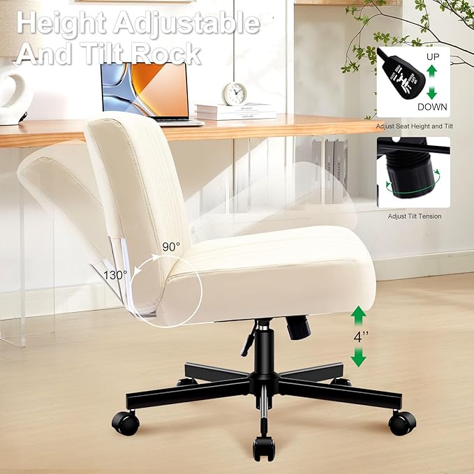 Criss Cross Chair with Wheels,Thick Padded Leather Cross Legged Office Desk Chair with Pocket Spring Cushion,Dual-Purpose Base,Wide Adjustable Computer Home Office Vanity Chair,Beige