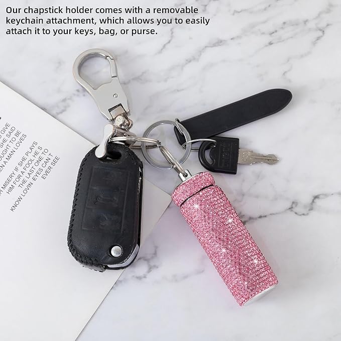 Chapstick Holder Key Chain 2Pcs Lip Balm Gloss Holder Keychain Bling Lipstick Case for Purse Portable Metal Chap Stick Organizer Cute Key Chain Accessories for Women (Sliver)