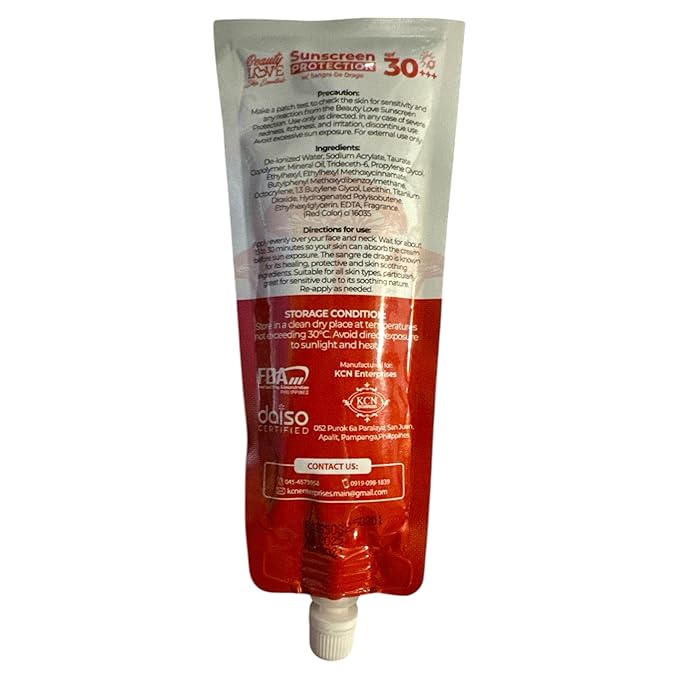 Beauty Love Sunscreen with Sangre De Drago, SPF 30+++, Triple Action Protection, Moisturizing and Skin Restoration, 50g