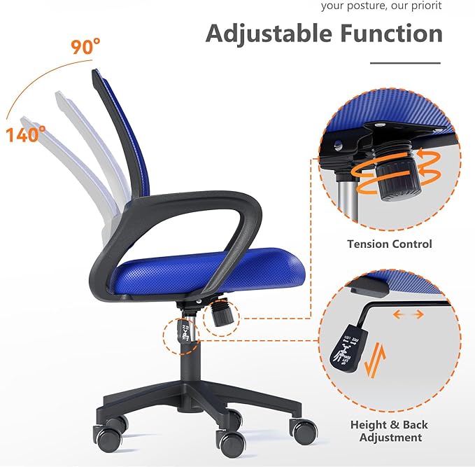 Home Office Chairs, Ergonomic Mid-Back Mesh Desk Chairs with Lumbar Support, Adjustable Swivel Rolling Design, Comfy Armrest for Work, Study, Gaming, Vanity, Navy Blue, 2 Pack