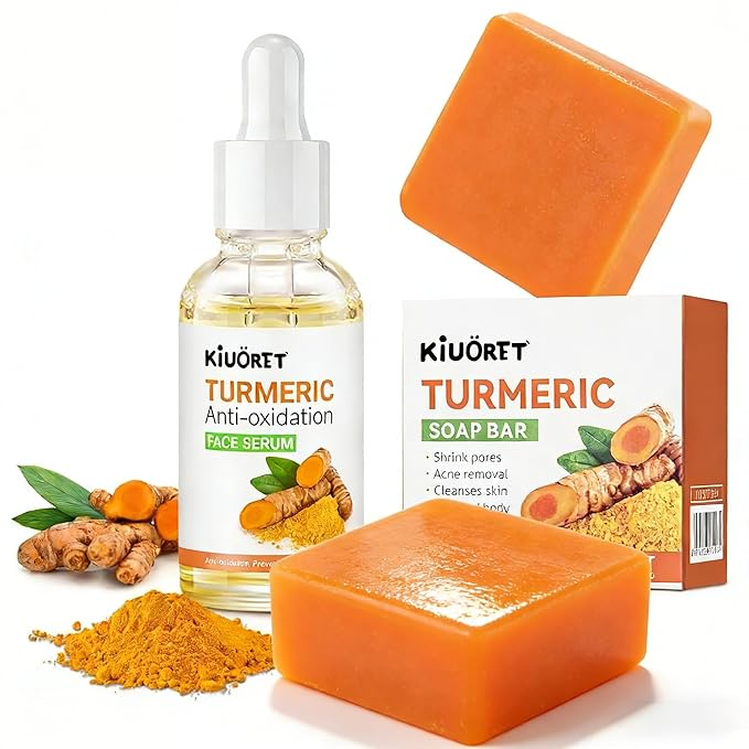 3PCS Turmeric Soap & Serum Set - Turmeric Face Serum + 2 Turmeric Soap Bars with Vitamin C & E - Deep Cleanses Pores, Reduces Acne, Controls Oil, Soothes Skin - Hydrating Facial Kit for All Skins