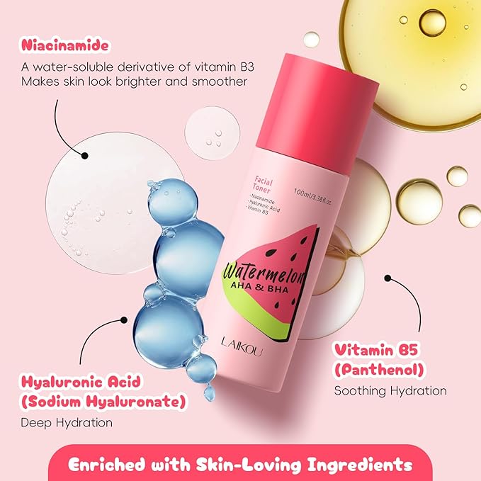 Watermelon AHA BHA Facial Toner with Niacinamide & Hyaluronic Acid, Vitamin B5 - Fresh Gentle Exfoliating Toner for Pore, Hydration & Glowing Skin, Glass-Like Skin with a Soft, dewy Finish 100ml