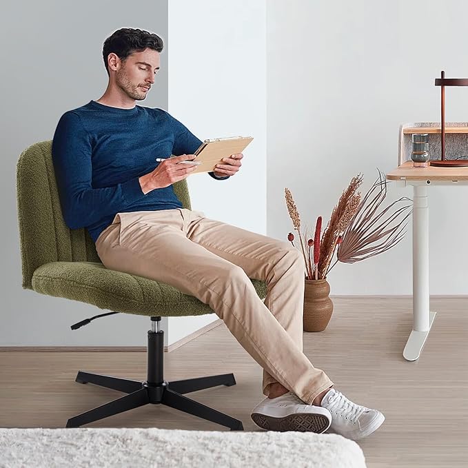 IWMH Criss Cross Velvet Armless Wide Office Chair - No Wheels, Cross Legged with Adjustable Height, Wide Seat, Desk Chair for Home, Office, Bedroom (Green)