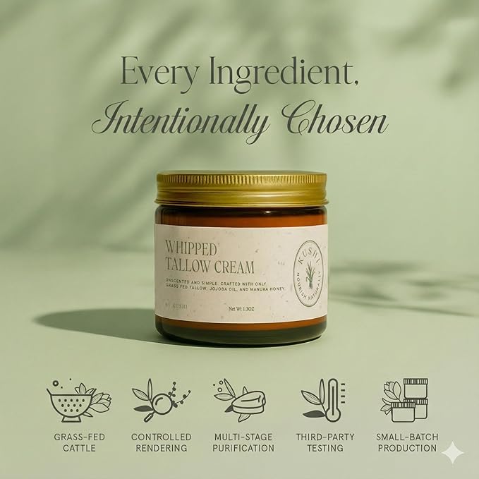 KUSHI Grass-Fed Whipped Tallow Cream Moisturizer for Face & Body – Organic Unscented – Vitamins A, D, E, K – Paraben & Sulfate Free, All-Natural Skin Care – 1.3oz
