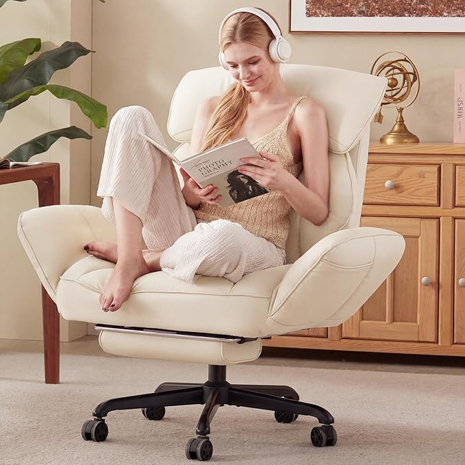Dowinx Cross Legged Office Chair with Pivoting Armrests,Criss Cross Chair with Pocket Spring Seat & Back,Reclining Computer Gaming Chair with Footrest and Metal Base (Cream)