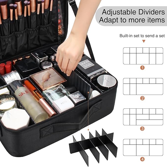Relavel Extra Large Makeup Case with Plastic Dividers Washable and Easy to Clean, Travel Makeup Train Case Professional Makeup Artist Bag Portable Nail Organizer Box Art Supply Case (Black)