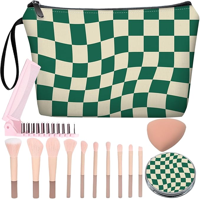 Personalized Green Checkered Makeup Bag set with Mirror for Women,Checkered travel Cosmetic bag kit with10 pieces pink brush set,Green Plaid bag Gifts for Mom Girls femal Friends
