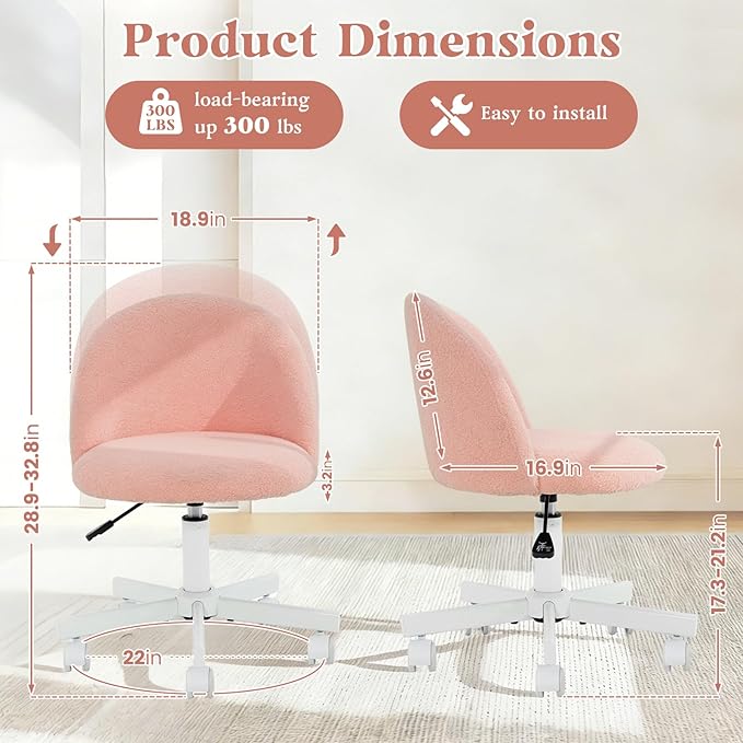 WAYTRIM Pink Vanity Chair with Wheels - Swivel Makeup Chair Small Computer Chair with Back Adjustable Height Desk Chair for Girl & Woman, Cozy Fuzzy Velvet Chair for Bedroom & Home Office
