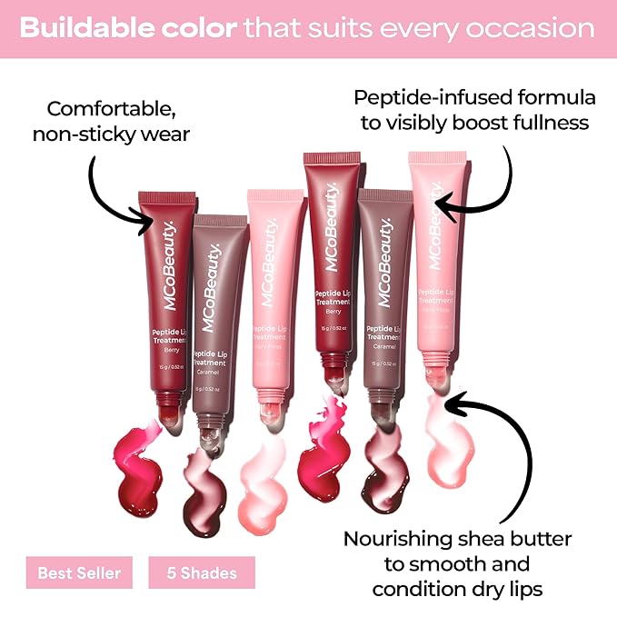MCoBeauty Peptide Lip Treatment Fairy Floss - Sheer Pink Tinted Lip Balm Plumper Gloss for Women - Hydrating Lip Oil with Shea Butter, Peptides for Soft Plump Lips - Vegan Cruelty Free Lip Care