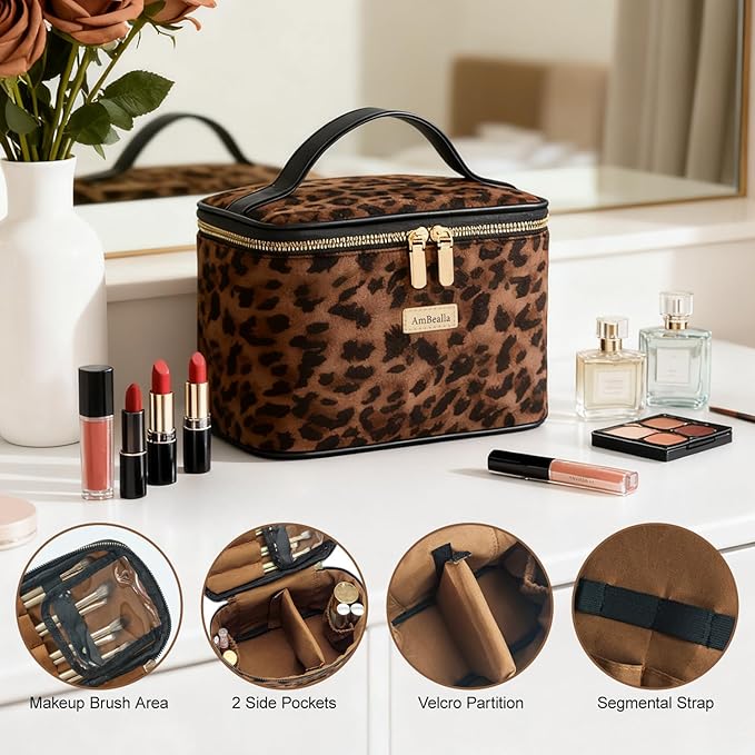 AmBealla Large Makeup Travel Bag Cosmetic Bags with Makeup Mirror and Brush Holder,Makeup Organizer Leopard Print for Women,Portable Toiletry Bag for Fashion Girls