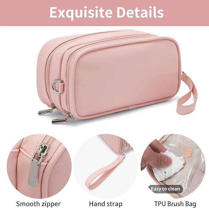 Makeup Bag for Women, Wide-open Makeup Organizer with Makeup Brush Holder, Waterproof Cosmetic Bag with Compartment, Portable Travel-Size Toiletry Bag for Traveling, Large Make Up Bag (Pink)