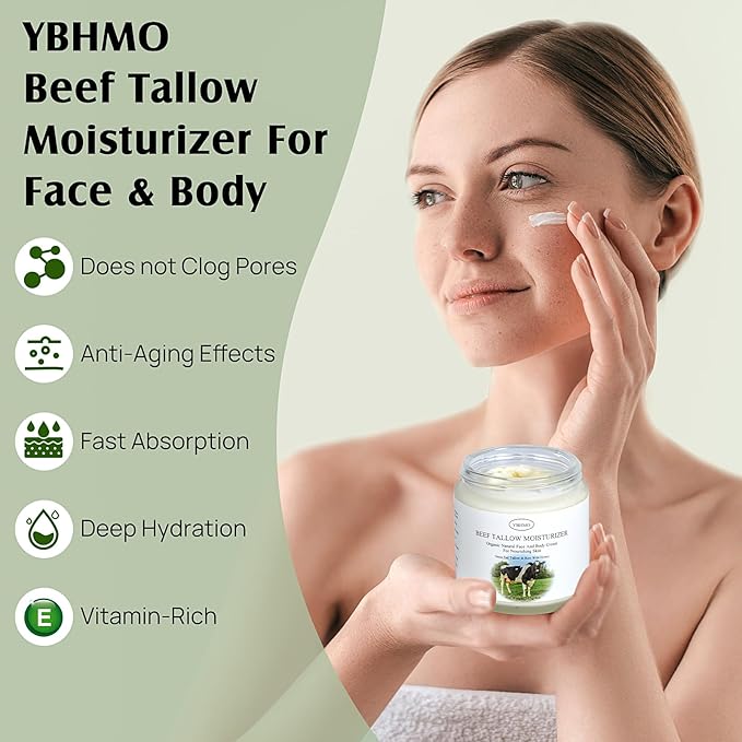 Beef Tallow Moisturizer,Beef Tallow for Skin,Organic Grass Fed Beef Tallow with Raw Honey Moisturizing Cream, Whole Body & Face Moisturizer（4oz）
