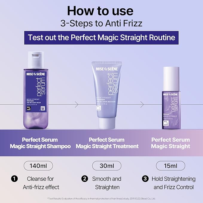 Mise En Scene Perfect Magic Straigth Serum Hair Care Set | Travel Size Hair Products for Frizzy and Dry | Mini Hair Oil for Heat Protection | Flyaway Control | Gift set for women (3 Count)