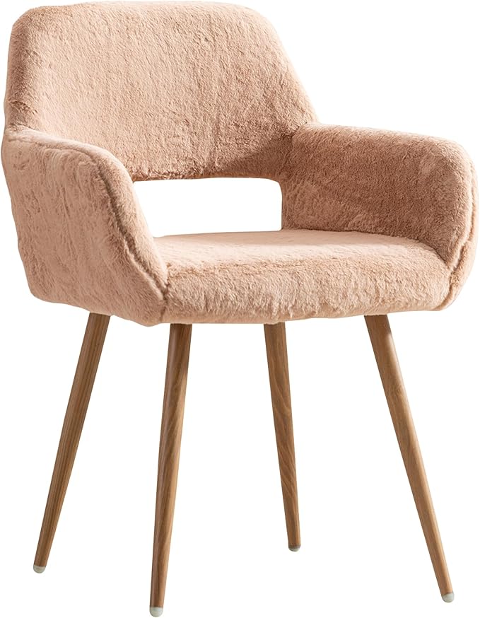 Furry Home Office Desk Chair, Faux Fur Vanity Chair with Hollow-Out Backrest, Comfy Armchair Wood Frame with Strudy Metal Legs, Camel