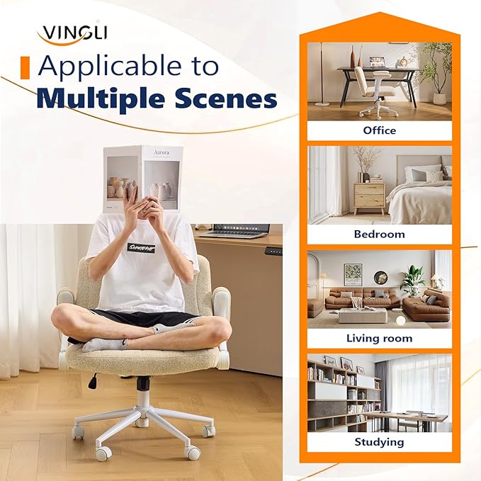 VINGLI Criss Cross Chair with Adjustable Flip-Up Arms,Cross Legged Chair with Wheels, Extra Wide Office Chair,Cozy Desk Chair for Home Office, Vanity, Apartment,Chenille Velvet,Beige