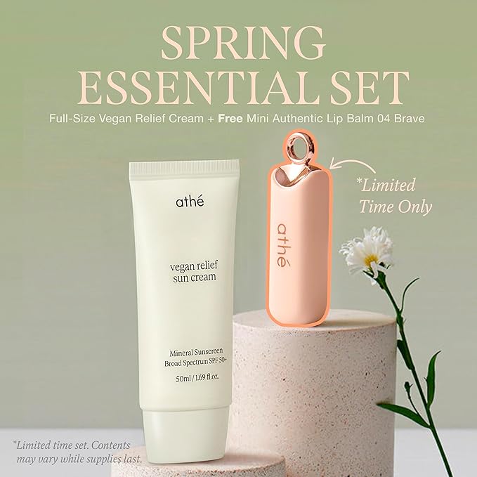 athé Vegan Relief Sun Cream SPF 50+ Broad Spectrum – Lightweight Hydrating Face Sunscreen, No White Cast, Includes Mini Tinted Lip Balm (04 Brave, 0.04 oz) | Vegan K-Beauty (1.69 fl oz)