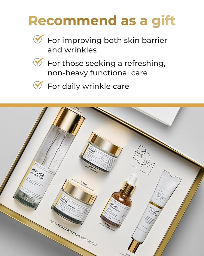 BOM COSMETICS A Set of Peptide Power Skincare With 5 Kinds of Items (Toner, Ampoule, Cream, Eye Cream, Sleeping Mask), 24K Gold & Penta-peptide for Skin Collagen Boost, Korean Skincare