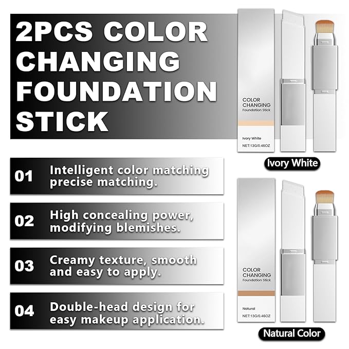 2pcs Blanc Cover Stick, Blanc Cover Cream Stick V White, Dual-Ended Full Coverage Color-Changing Korean Foundation V Sticks with Brush, Makeup Base for Flawless Look (Ivory White & Natural Color)