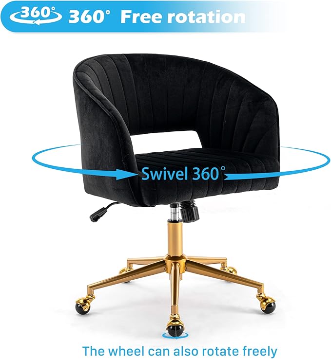 Home Office Chair Swivel Velvet Desk Chair Accent Armchair Upholstered Modern Tufted Chairs with Gold Base for Girls Women Ergonomic Study Seat Computer Task Stools for Living Room(Black)