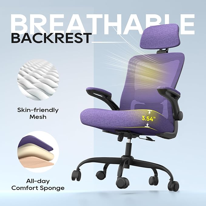 Ergonomic Office Chair, High Back Mesh Desk Chair with Adjustable Lumbar Support & Headrest, Flip-up Armrest, Computer Task Chairs for Home and Executive Office(B-Purple)