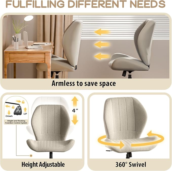 Criss Cross Chair with Wheels, Wide Cross Legged Office Chair Armless Comfy Desk Chair with Tall Back Vanity Chairs with Stress Relief Curved Design Seat for Bedroom & Office & Home Oatmeal