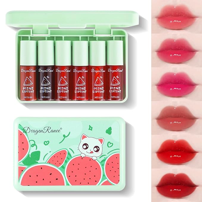 Eakroo 6 Colors Watermelon Lip Stain Set, Korean Velvet Watery Lip Tint Moisturizing Mini Liquid Lip Gloss, Lipstick for Women, Blush for Cheeks, Cute Stuff, Long-Lasting, Vivid Color, High Pigment