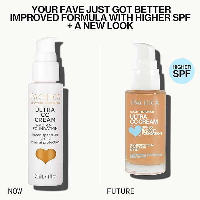 Pacifica Ultra CC Cream Radiant Foundation SPF 17 - Warm/Medium – Medium Coverage Color Correcting Cream, Dewy Finish, Mineral SPF, 1 oz