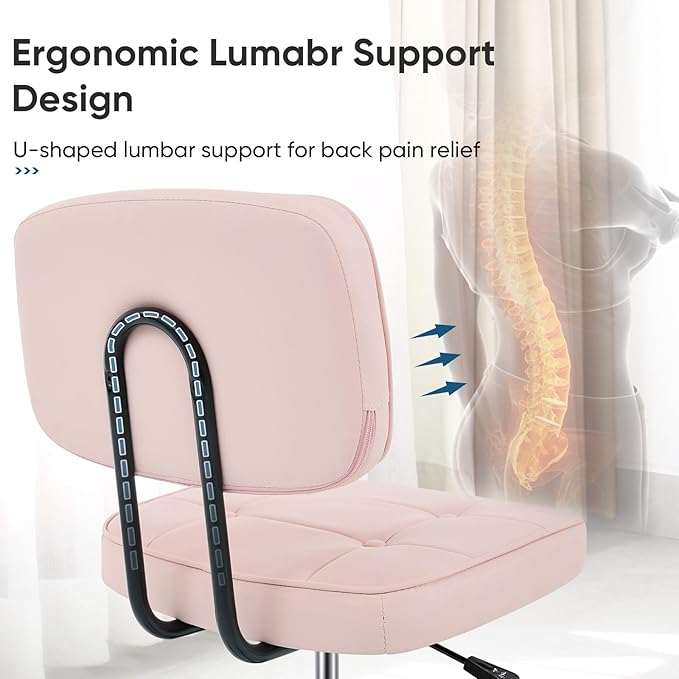 DUMOS Home Office Desk Chair - Ergonomic Armless PU Leather Computer Rolling Task Chair，with Comfy Lumbar Support and Height Adjustable, Vanity, Bedroom, Pink