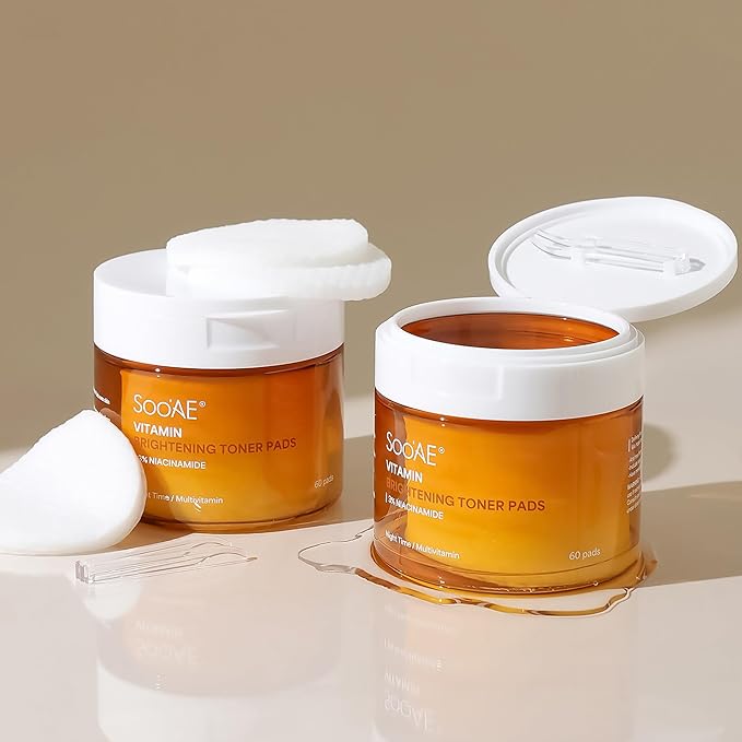 Soo'AE Vitamin Brightening Toner Pads, 60 Gentle Exfoliating Pads I 8 Types of Multivitamins, Radiant Skin Niacinamide, Cruelty-Free, Korean Skincare
