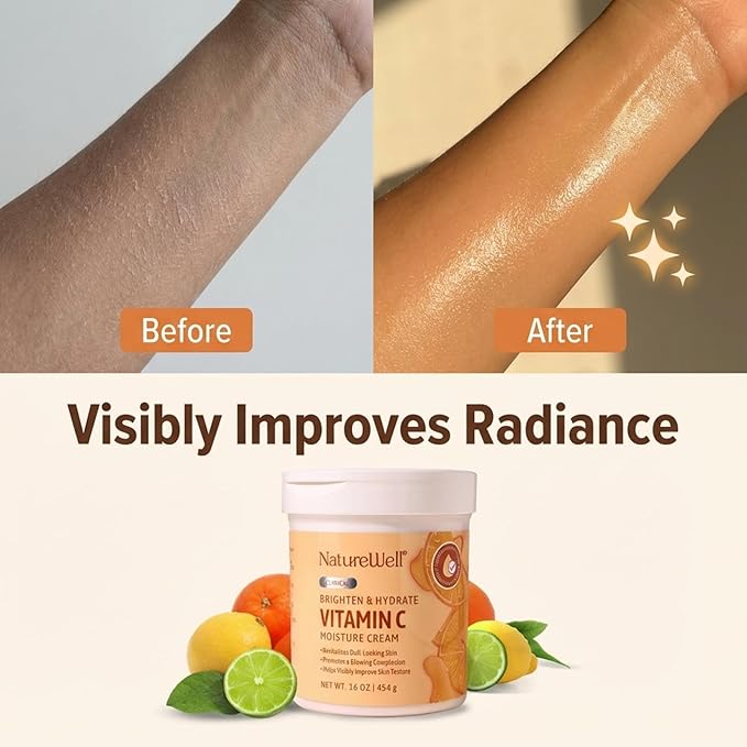 NATURE WELL Vitamin C Brightening Moisturizer Cream – Hydrating Face & Body Lotion with Coconut Oil, Helps Improve Uneven Skin Tone & Dark Spots, Anti-Aging Moisturizer for Smooth Radiant Skin, 10 Oz