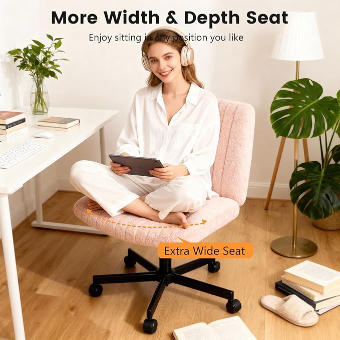 FDW Criss Cross Chair with Wheels Cross Legged Office Desk Modern Swivel Height Adjustable Wide Seat Computer Task Vanity Chair Comfy Fabric Armless Seating for Home Office
