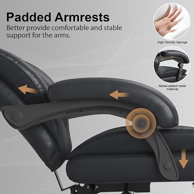 Big and Tall Office Chair, Executive Home Office Desk Chair, Leather Computer Chair with Retractable Footrest, Adjustable Headrest and Reclining Height, Padded Arms, 360°Swivel Free, Wide Seat, Black