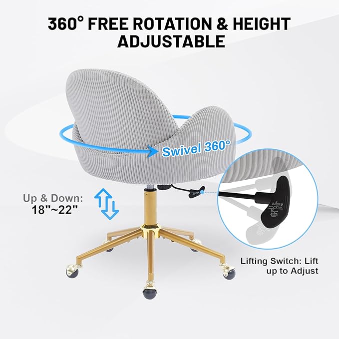 Home Office Chair with Petal Backrest, Corduroy Upholstered Desk Chair with Adjustable Swivel Wheels, Ergonomic Chairs for Living Room, Bedroom, Office, Study, Flower Cute Girls Vanity Chair (Grey)