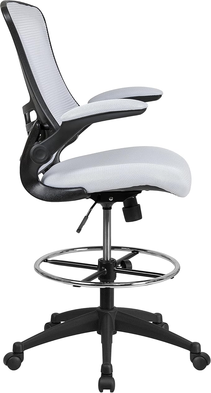 Flash Furniture Kelista Mid-Back White Mesh Ergonomic Drafting Chair | Adjustable Foot Ring, Flip-Up Arms | Comfort and Productivity