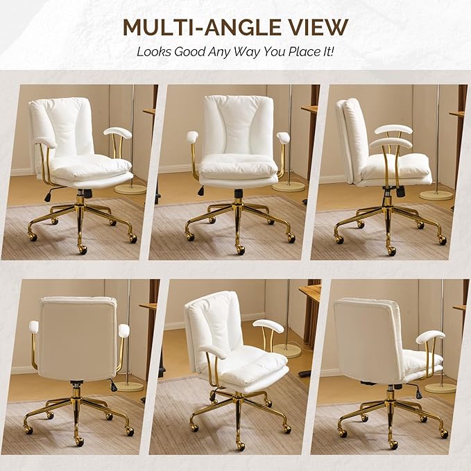 VINGLI Home Office Desk Chair Comfy with Wheels & Removable Armrests,Gold Base Vanity Chair with Back, Adjustable Rolling Swivel Computer Task Chair for Study,Makeup,Office,Bedroom,PU Leather,White