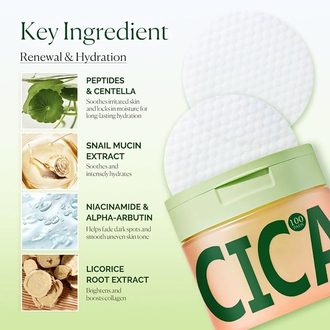 Toner & Cleansing Pads with Centella Asiatica, 100 Count, Daily Exfoliating & Soothing Hydrating Face Pads with with Snail Mucin, Niacinamide, Peptides & Centella, Gently Removes Makeup & Impurities