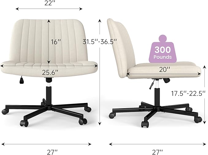 Criss Cross Chair, Extra Wide Armless Rolling Office Desk Chair with Wheels, Plus Size Viral Vanity Legged Chair, Bedroom Beige