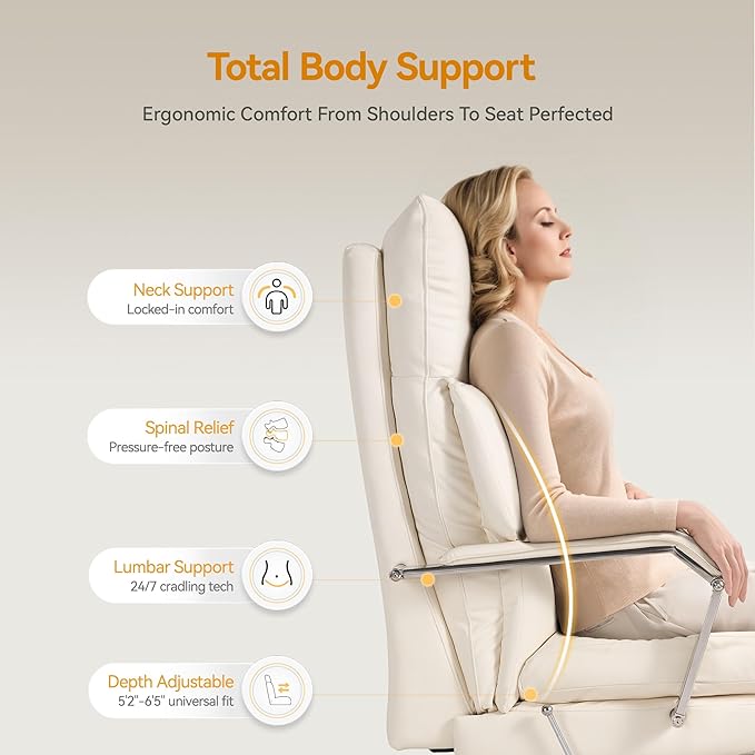 M76 160° Reclining Executive Office Chair with Footrest, Adjustable Seat Depth, 10" Thick Cloud Cushion Desk Chair, 420lb Heavy Duty High Back Leather Desk Chair for Home Office, Cream