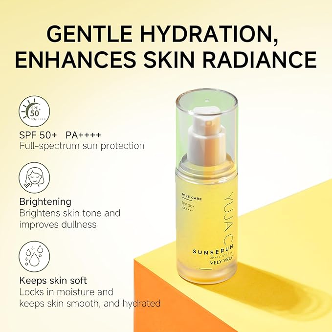 VELY VELY Yuja C Sunscreen Serum SPF 50+ PA++++, Korean Sunscreen UV Protection Lightweight Pore Care, Non-Sticky, No-Pilling Evens Out Skin Tone for Sensitive Skin 30ml/1.01 oz