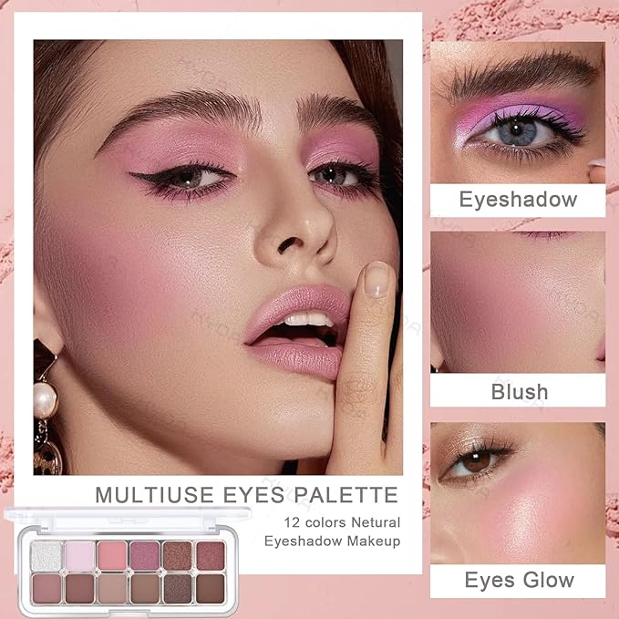 KYDA 12 Colors Purple Brown Eyeshadow Palette, High Pigment Matte Shimmer Pink Purple Brown Eye Shadow, All-In-One Eyes Palette for Women, Soft Blendable Powder Eyeshadow, Korean Eyes Makeup