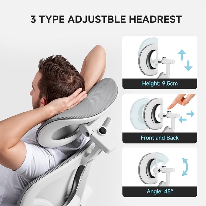 Ergonomic Office Chair, 330LBS Desk Chair with 3-Level Lumbar Support & Headrest, Breathable Mesh Backrest, Flip-Up Armrests for Home Office and Gaming, White and Gray