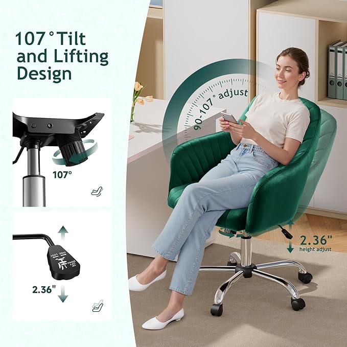 Warmiehomy Desk Chair, Velvet Office Chair for Home Office, Comfy Vanity Chair, Girl Cute Makeup Chair with Arm Rest for Bedroom Dressing Room, Green