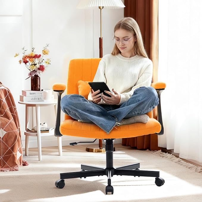 Criss Cross Chair with Armrest,Cross Legged Chair with Wheels,Adjustable Reclining Office Chair - Modern for Home Office, Meditation & Creative Work (Orange)